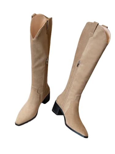 JXpxbao Jeansstiefel Für Damen, Spitzer Zehenbereich, Dicker Absatz, Ohne Verschluss, Knielang, Bestickt, Hoch (Khaki,37) von JXpxbao