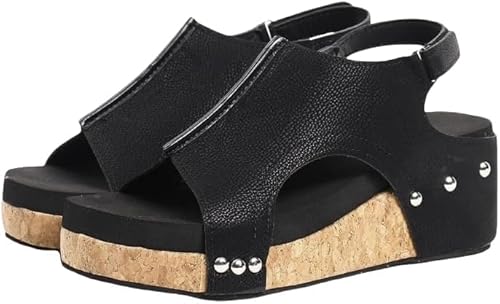 JXpxbao Keilsandalen für Frauen Plattform mit Knöchelriemen Offene Zehe Espadrilles Keilabsätze Dressy Casual Boho Sommer Strand Sandalen Damen Keile (Leder Schwarz,38) von JXpxbao