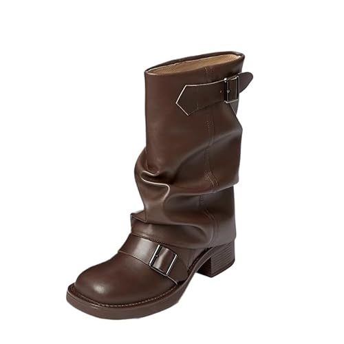 JXpxbao Klassische Damenstiefel, Spitze Stiefel, Low-Cut-Stiefel, Stiefeletten Mit Schnallen, Übergangsstiefel, Halbhohe Stiefeletten, Halbhohe Damenstiefel (Braun,37) von JXpxbao