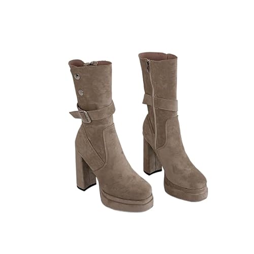 JXpxbao Lange Stiefel Damenstiefel in Wadenlänge Winterstiefel Mit Quadratischem Absatz Und Reißverschluss Lange Stiefel Lässige Lange Stiefel Winterschuhe (Aprikose,37) von JXpxbao