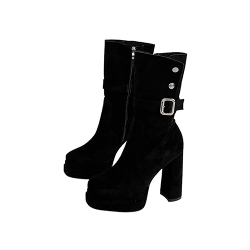 JXpxbao Lange Stiefel Damenstiefel in Wadenlänge Winterstiefel Mit Quadratischem Absatz Und Reißverschluss Lange Stiefel Lässige Lange Stiefel Winterschuhe (Schwarz,34) von JXpxbao