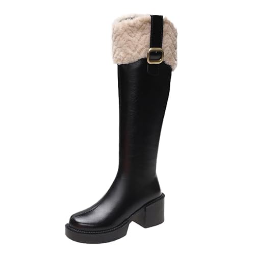 JXpxbao Lange Stiefel Damenstiefel in Wadenlänge Winterstiefel Mit Quadratischem Absatz Und Reißverschluss Lange Stiefel Lässige Lange Stiefel Winterschuhe (Schwarz,38) von JXpxbao