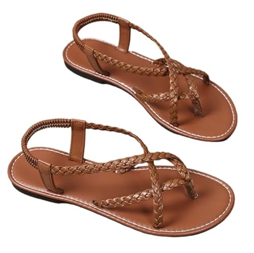 JXpxbao Leichte, rutschfeste Damen-Sandalen, Strandsandalen mit offenen Zehen, einfarbige, geflochtene, flache Römersandalen, EU-Größe 36–43 (Braun,41) von JXpxbao