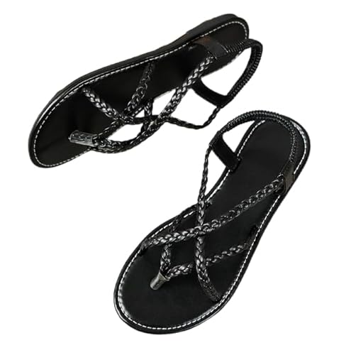 JXpxbao Leichte, rutschfeste Damen-Sandalen, Strandsandalen mit offenen Zehen, einfarbige, geflochtene, flache Römersandalen, EU-Größe 36–43 (Schwarz,41) von JXpxbao