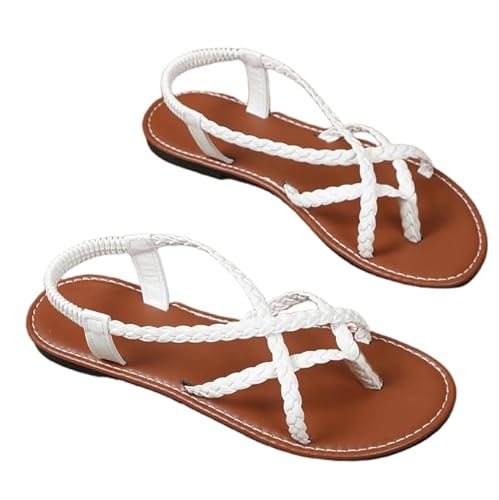 JXpxbao Leichte, rutschfeste Damen-Sandalen, Strandsandalen mit offenen Zehen, einfarbige, geflochtene, flache Römersandalen, EU-Größe 36–43 (Weiß,39) von JXpxbao