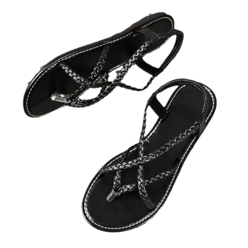 JXpxbao Leichte, rutschfeste Damen-Sandalen, Strandsandalen mit offenen Zehen, einfarbige, geflochtene, flache Römersandalen (schwarz,41) von JXpxbao