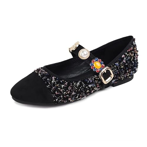JXpxbao Mary Jane Schuhe Damen Ballerinas Flache Schuhe Elegante Mit Perle Verstellbarem Schnürballerinas Für Damen Mit Perle Verstellbarem (Blau,40) von JXpxbao
