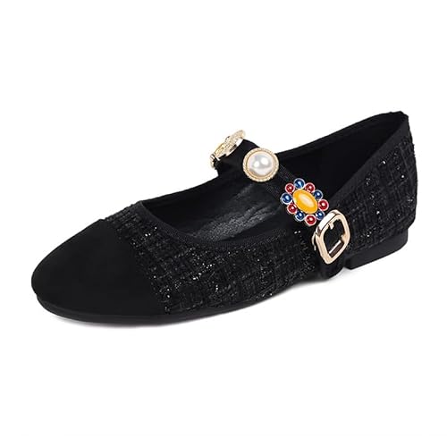 JXpxbao Mary Jane Schuhe Damen Ballerinas Flache Schuhe Elegante Mit Perle Verstellbarem Schnürballerinas Für Damen Mit Perle Verstellbarem (Schwarz,38) von JXpxbao