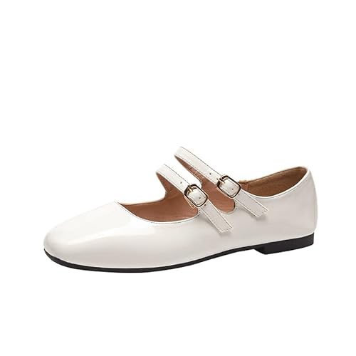 JXpxbao Mary Jane Schuhe Damen Ballerinas Flache Schuhe Elegante Schnürballerinas für Damen (Weiß,43) von JXpxbao