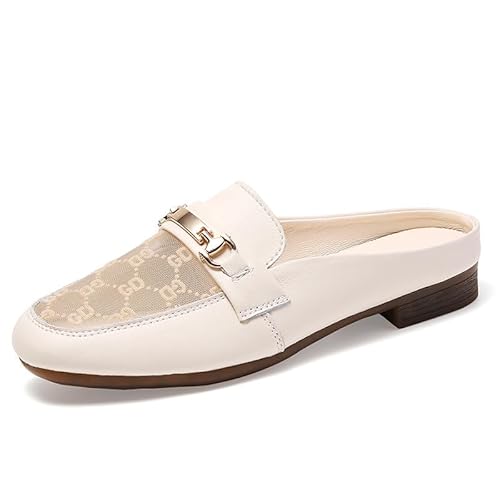 JXpxbao Metal Chain Decor Flache Pantoletten Für Damen Runde Zehenpartie Slip on Loafers Slipper Offene Pantoletten (Beige,35) von JXpxbao