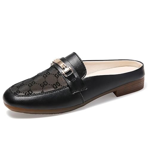 JXpxbao Metal Chain Decor Flache Pantoletten Für Damen Runde Zehenpartie Slip on Loafers Slipper Offene Pantoletten (Schwarz,37) von JXpxbao