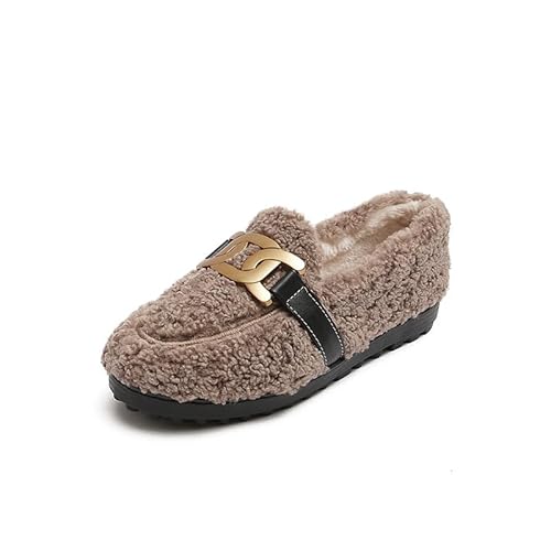 JXpxbao Mokassins Damen Klassische Bootsschuhe Flache Loafer Comfort Segelschuhe Damen Slip on Schuhe Mit Fliege Plüsch Gefüttert Hausschuhe House Slippers with Comfy Rubber Sole (Khaki,41) von JXpxbao