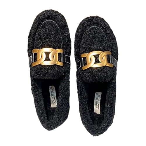 JXpxbao Mokassins Damen Klassische Bootsschuhe Flache Loafer Comfort Segelschuhe Damen Slip on Schuhe Mit Fliege Plüsch Gefüttert Hausschuhe House Slippers with Comfy Rubber Sole (Schwarz,42) von JXpxbao