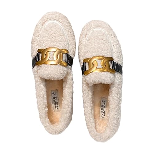 JXpxbao Mokassins Damen Klassische Bootsschuhe Flache Loafer Comfort Segelschuhe Damen Slip on Schuhe Mit Fliege Plüsch Gefüttert Hausschuhe House Slippers with Comfy Rubber Sole (Weiß,42) von JXpxbao
