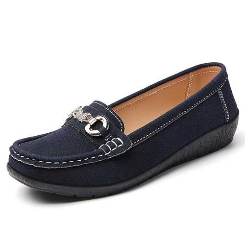 JXpxbao Orthopädische Damen-Slipper Freizeitschuhe Damen Lederschuhe Elegant Bootsschuhe Seicht Mund Leicht Arbeitsschuhe Flacheschuhe Atmungsaktive Mokassin Schuhe EU 35-43 (Dunkelblau,42) von JXpxbao