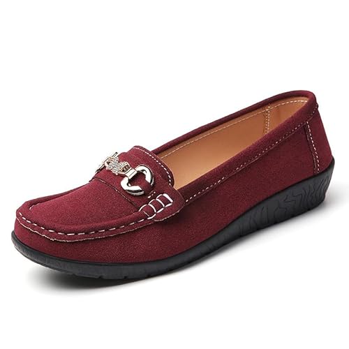JXpxbao Orthopädische Damen-Slipper Freizeitschuhe Damen Lederschuhe Elegant Bootsschuhe Seicht Mund Leicht Arbeitsschuhe Flacheschuhe Atmungsaktive Mokassin Schuhe EU 35-43 (Dunkelrot,36) von JXpxbao