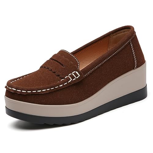 JXpxbao Orthopädische Damen-Slipper Freizeitschuhe Damen Lederschuhe Elegant Bootsschuhe Seicht Mund Leicht Arbeitsschuhe Keilabsatz Mit Dicker Sohle Atmungsaktive Mokassin Schuhe EU 35-42 (Braun,42) von JXpxbao