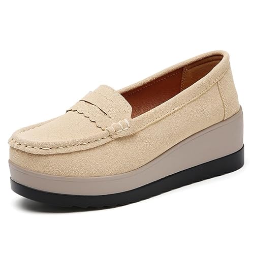 JXpxbao Orthopädische Damen-Slipper Freizeitschuhe Damen Lederschuhe Elegant Bootsschuhe Seicht Mund Leicht Arbeitsschuhe Keilabsatz Mit Dicker Sohle Atmungsaktive Mokassin Schuhe EU 35-42 (Beige,39) von JXpxbao