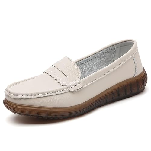 JXpxbao Orthopädische Damen-Slipper Freizeitschuhe Lederschuhe Damen Elegant Bootsschuhe Seicht Mund Durchbrochen Arbeitsschuhe Normalerweise Flacheschuhe Atmungsaktive Mokassin Schuhe (Beige,40) von JXpxbao