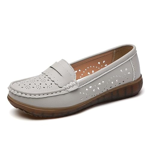 JXpxbao Orthopädische Damen-Slipper Freizeitschuhe Lederschuhe Damen Elegant Bootsschuhe Seicht Mund Durchbrochen Arbeitsschuhe Normalerweise Flacheschuhe Atmungsaktive Mokassin Schuhe (Grau-A,35) von JXpxbao