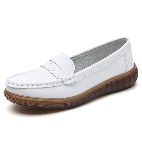 JXpxbao Orthopädische Damen-Slipper Freizeitschuhe Lederschuhe Damen Elegant Bootsschuhe Seicht Mund Durchbrochen Arbeitsschuhe Normalerweise Flacheschuhe Atmungsaktive Mokassin Schuhe (Weiß,38) von JXpxbao