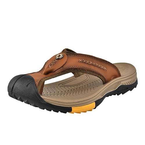 JXpxbao Orthopädische Flip Flops Damen Herren Leder Zehentrenner Mit Arch Support Für Sommer Beach Frauen Antikollisions-Zehenkappe Bequeme Yoga Mat Tanga Sandalen Für Plantar Fasciitis (Braun,40) von JXpxbao