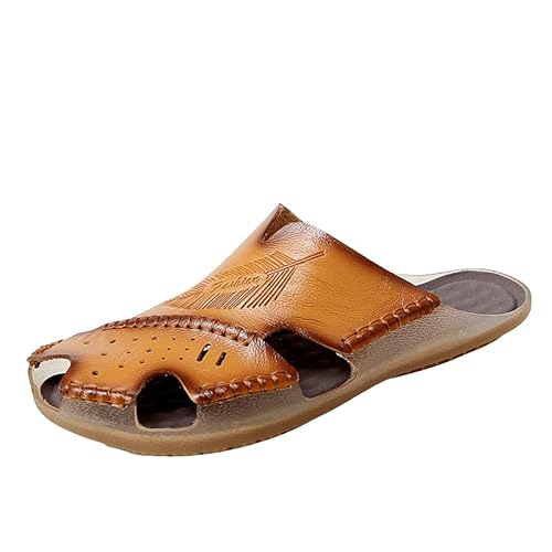 JXpxbao Orthopädische Flip Flops Herren Leder Zehentrenner Mit Arch Support Für Sommer Strand Frauen Bequeme Yoga Matte Tanga Sandalen Für Plantar Fasciitis (Gelblich braun,46) von JXpxbao