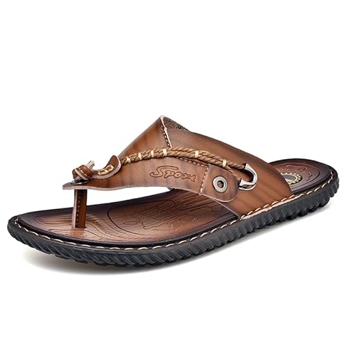 JXpxbao Orthopädische Flip Flops Herren Leder Zehentrenner Mit Arch Support Für Sommer Strand Herren Bequeme Yoga Matte Tanga Sandalen Für Plantar Fasciitis (Khkai,46) von JXpxbao