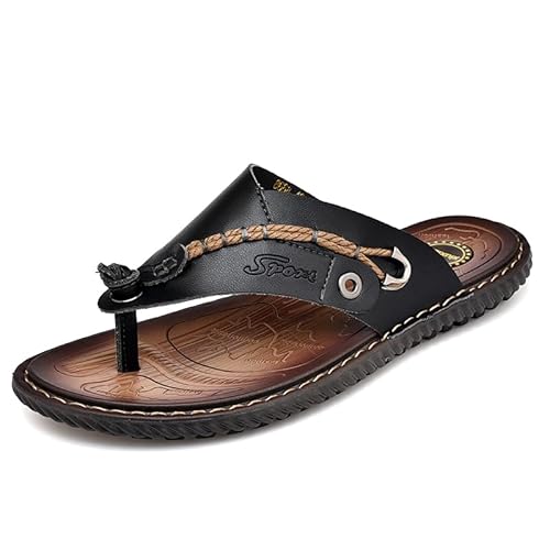 JXpxbao Orthopädische Flip Flops Herren Leder Zehentrenner Mit Arch Support Für Sommer Strand Herren Bequeme Yoga Matte Tanga Sandalen Für Plantar Fasciitis (Schwarz,44) von JXpxbao