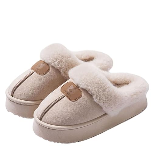 JXpxbao Pantoffeln Damen Rutschfeste,Warm Gästehausschuhe Pantoletten Plüsch Hausschlappen Winter Slippers Flacheschuhe 36-41 (Beige 2,36) von JXpxbao