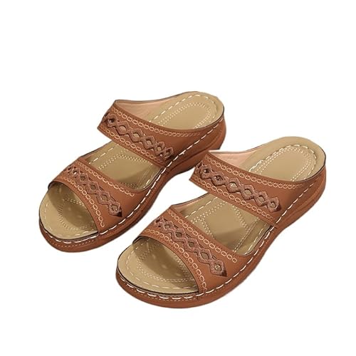JXpxbao Pantoletten Orthopädische Hausschuhe Damen Keilabsatz Hausschuhe Retro Sommer Casual Strandschuhe Offene Zehen Dicker Boden Sandalen (Dunkelbraun,35) von JXpxbao