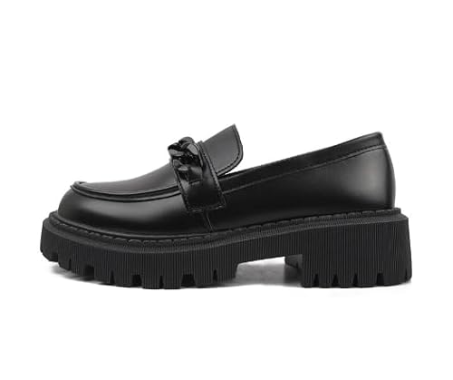 JXpxbao Plateau-Loafer für Damen in Volltonfarbe, modische Abendschuhe im Preppy-Stil mit Kettendekor, Bequeme Damenschuhe (schwarz matt,43) von JXpxbao
