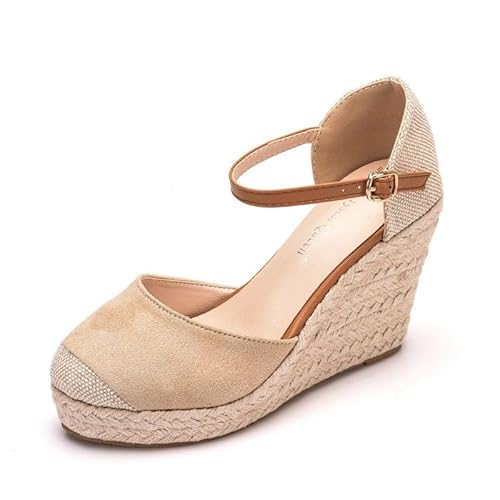 JXpxbao Plateau Sandalen Damen Espadrilles Mit Keilabsatz Keilsandalen Absatz Espandrillos Sommer Frauen Schuhe Geschlossene High Heel Riemchen Schuhe (Beige,40) von JXpxbao