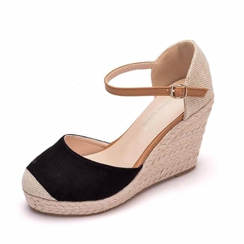 JXpxbao Plateau Sandalen Damen Espadrilles Mit Keilabsatz Keilsandalen Absatz Espandrillos Sommer Frauen Schuhe Geschlossene High Heel Riemchen Schuhe (Schwarz,39) von JXpxbao