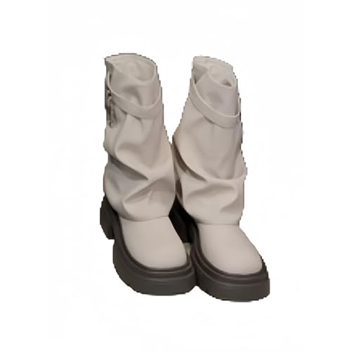 JXpxbao Plateau Stiefeletten Damen Blockabsatz - Ankle Boots Mit Schnalle Flach Rutschfeste Laufsohle Springerstiefel Kurzschaft Lederstiefel Rundzehe Schlupfstiefel Umklappbar (Cremefarben,35) von JXpxbao