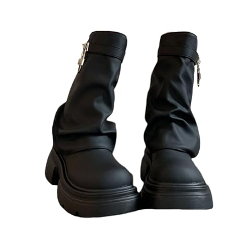 JXpxbao Plateau Stiefeletten Damen Blockabsatz - Ankle Boots Mit Schnalle Flach Rutschfeste Laufsohle Springerstiefel Kurzschaft Lederstiefel Rundzehe Schlupfstiefel Umklappbar (Schwarz,39) von JXpxbao