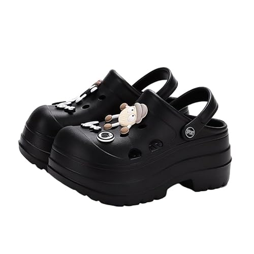 JXpxbao Platform Clogs Damen Sommerschuhe Mit Ansteckern & Schuh Schmuck Cartoon-Dekor Atmungsaktiv Bequeme Dicker Sohle Eva-Material (Schwarz,40) von JXpxbao