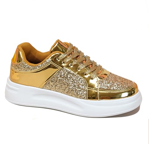 JXpxbao Retro Glänzend Sneaker Herren Damen Schuhe Skateboardschuhe Orthopädische Laufschuhe Turnschuhe Mit Luftpolster Walkingschuhe Skateboardschuhe Sportschuhe (Gold,40) von JXpxbao