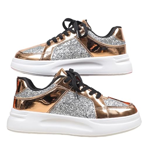 JXpxbao Retro Glänzend Sneaker Herren Damen Schuhe Skateboardschuhe Orthopädische Laufschuhe Turnschuhe Mit Luftpolster Walkingschuhe Skateboardschuhe Sportschuhe (Gold Silber,38) von JXpxbao