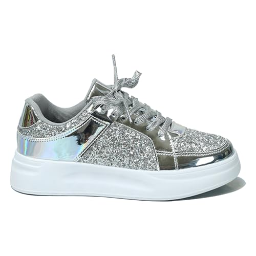 JXpxbao Retro Glänzend Sneaker Herren Damen Schuhe Skateboardschuhe Orthopädische Laufschuhe Turnschuhe Mit Luftpolster Walkingschuhe Skateboardschuhe Sportschuhe (Silber,38) von JXpxbao