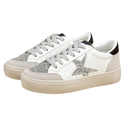JXpxbao Retro Sneaker Damen Pailletten Schuhe Skateboardschuhe Laufschuhe Turnschuhe Mit Luftpolster Walkingschuhe Skateboardschuhe Lässige All-Match Sportschuhe Starling Sneaker (Weiß,40) von JXpxbao