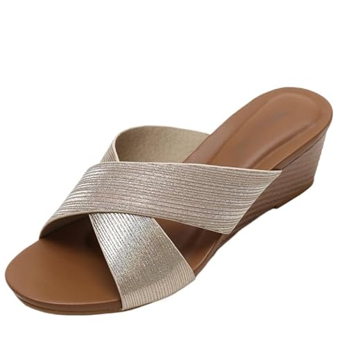 JXpxbao Sandalen Damen Espadrilles Plateau Keilabsatz Frauen Sandaletten Keilsandalen Hausschuhe Pantoletten Elegant Sommer Schuhe (Gold,41) von JXpxbao