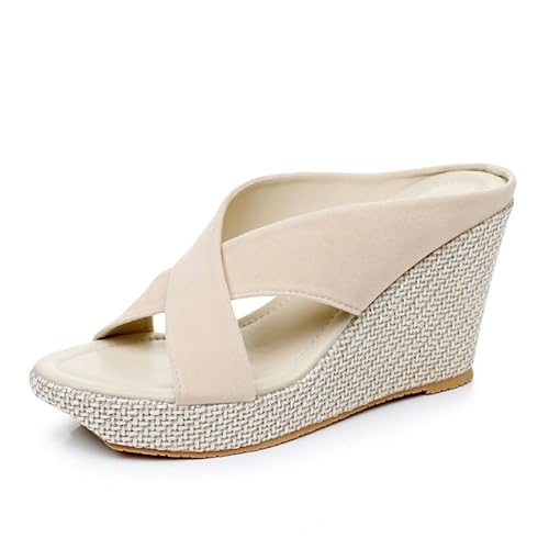 JXpxbao Sandalen Damen Espadrilles Plateau Keilabsatz Frauen Sandaletten Keilsandalen Hausschuhe Pantoletten Elegant Sommer Schuhe Frauen Slipper EU 34-42 (Beige,34) von JXpxbao
