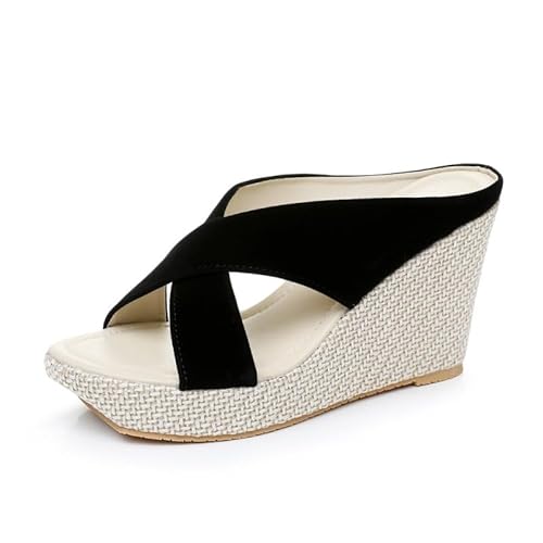 JXpxbao Sandalen Damen Espadrilles Plateau Keilabsatz Frauen Sandaletten Keilsandalen Hausschuhe Pantoletten Elegant Sommer Schuhe Frauen Slipper EU 34-42 (Schwarz,38) von JXpxbao