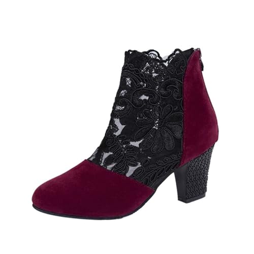 JXpxbao Sandalen Damen Mit Absatz Sandalen Damen Spitze Pumps Schuhe Blockabsatz Stiefeletten Plattform Hohle Tüll Atmungsaktiv Sommerschuhe Abendschuhe (Rot,42) von JXpxbao