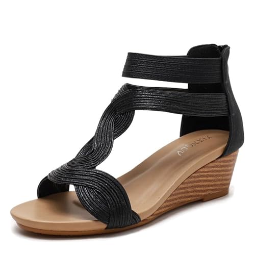 JXpxbao Sandalen Damen Sandaletten Mit Keilabsatz Reißverschluss Plateau Sommer Frauen Schuhe Keilsandalen Elegant Bequem Sommerschuhe EU 36-42 (Schwarz,38) von JXpxbao