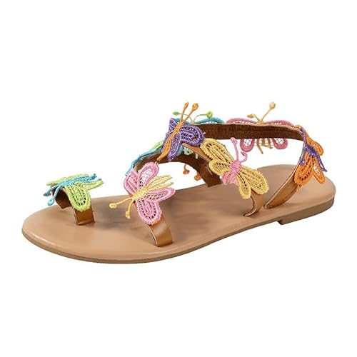 JXpxbao Sandalen Damen Zehenring Flache Sandalen Bunt Schmetterling Slingback Sandale Leicht Bequem Riemchensandalen Frauen Elegant Freizeitschuhe Strandsandalen (Hellbraun,39) von JXpxbao