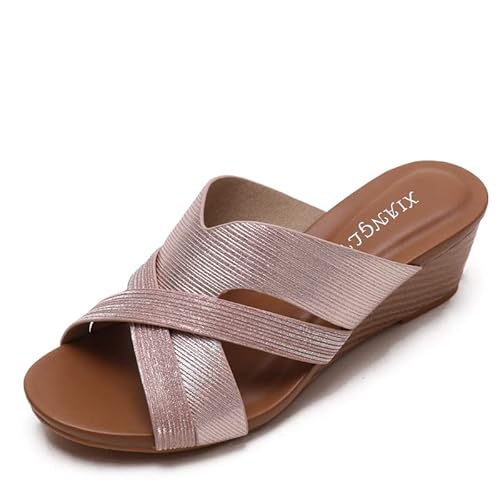 JXpxbao Sandalen Und Schlüpfer Damen Keilabsatz Römisch Offene Zehen Flache Damen Sandalen Mit Zehensteg Fußgewölbestütze Sommer Weiche Sohle Rutschfest (Champagner,41) von JXpxbao