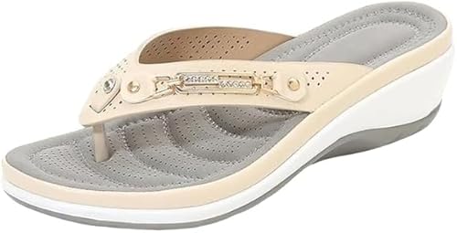 JXpxbao Sandalen für Frauen, Sommerschuhe Bequeme Flip Flops Kissen Bogen Unterstützung Strand Dressy Sommer Casual Sandale Low Wedge Walking Lightweight Non-Slip Slippers (Beige,35) von JXpxbao