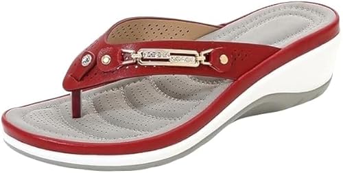JXpxbao Sandalen für Frauen, Sommerschuhe Bequeme Flip Flops Kissen Bogen Unterstützung Strand Dressy Sommer Casual Sandale Low Wedge Walking Lightweight Non-Slip Slippers (Rot,42) von JXpxbao